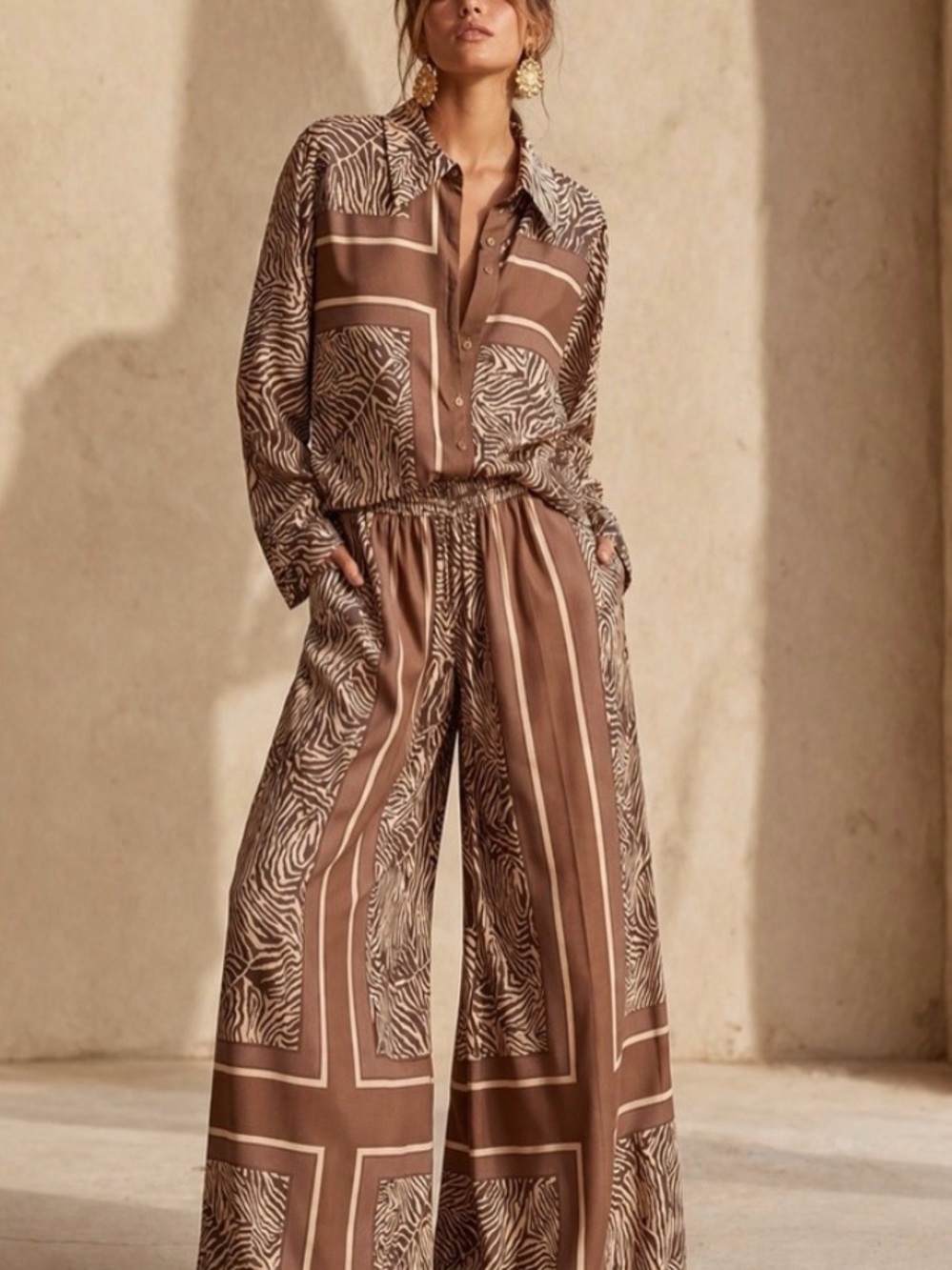 Brown Printed Wide-Leg Top & Pant Set.